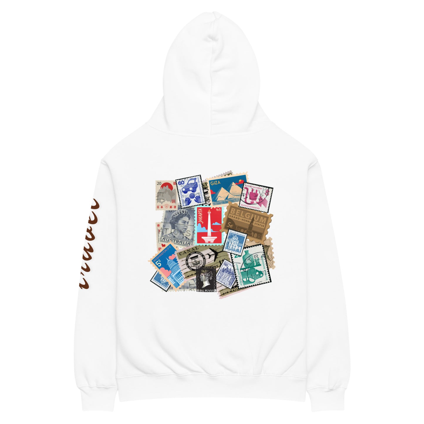 Sudadera oversize con gráfico de sellos de viaje, Sudadera estampada estilo travel crew, Sudadera para viajero, diseño de GLUU GLUU.