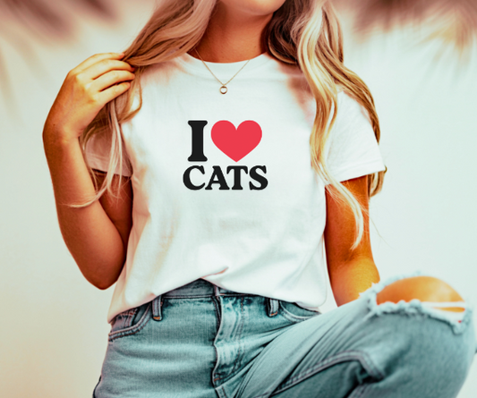 Camiseta I LOVE cats con corazón rojo, camiseta unisex GLUU GLUU