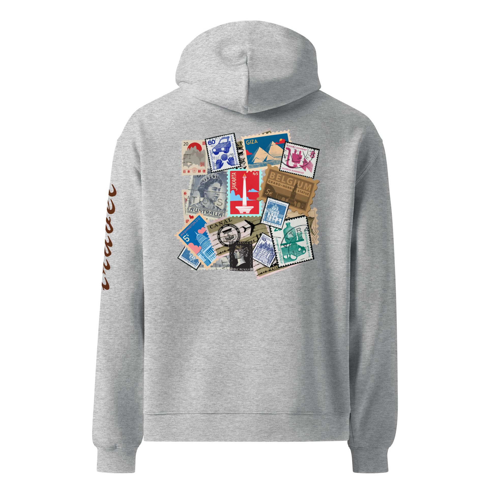Sudadera oversize con gráfico de sellos de viaje, Sudadera estampada estilo travel crew, Sudadera para viajero, diseño de GLUU GLUU.