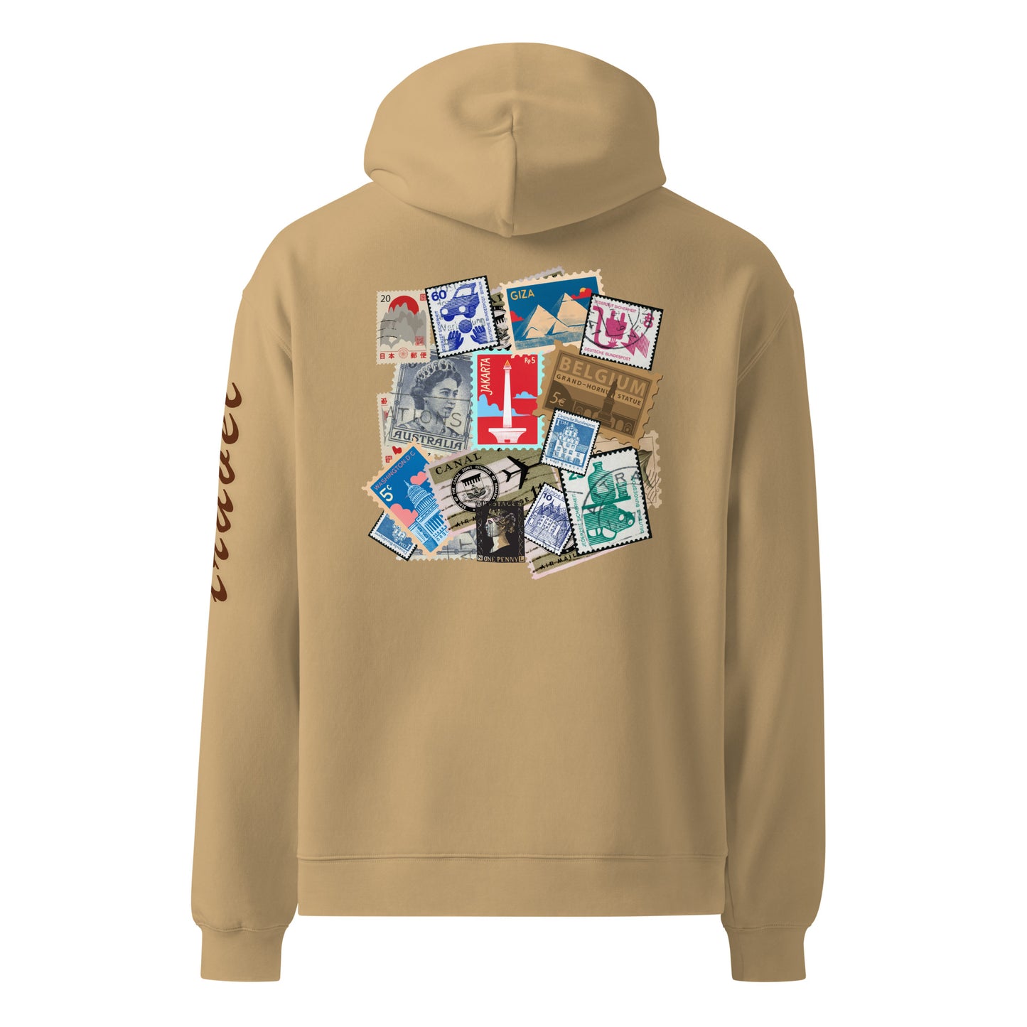 Sudadera oversize con gráfico de sellos de viaje, Sudadera estampada estilo travel crew, Sudadera para viajero, diseño de GLUU GLUU.