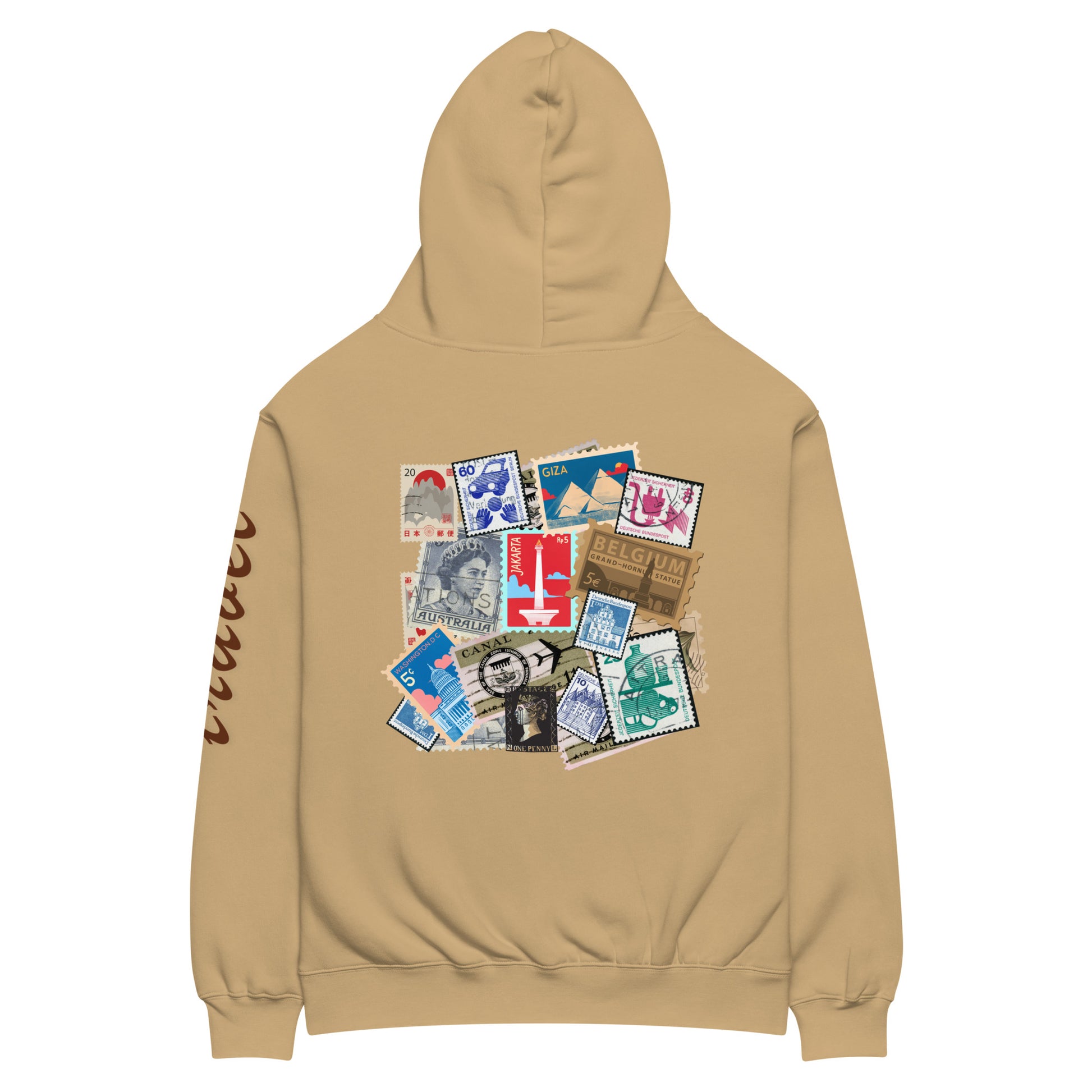 Sudadera oversize con gráfico de sellos de viaje, Sudadera estampada estilo travel crew, Sudadera para viajero, diseño de GLUU GLUU.