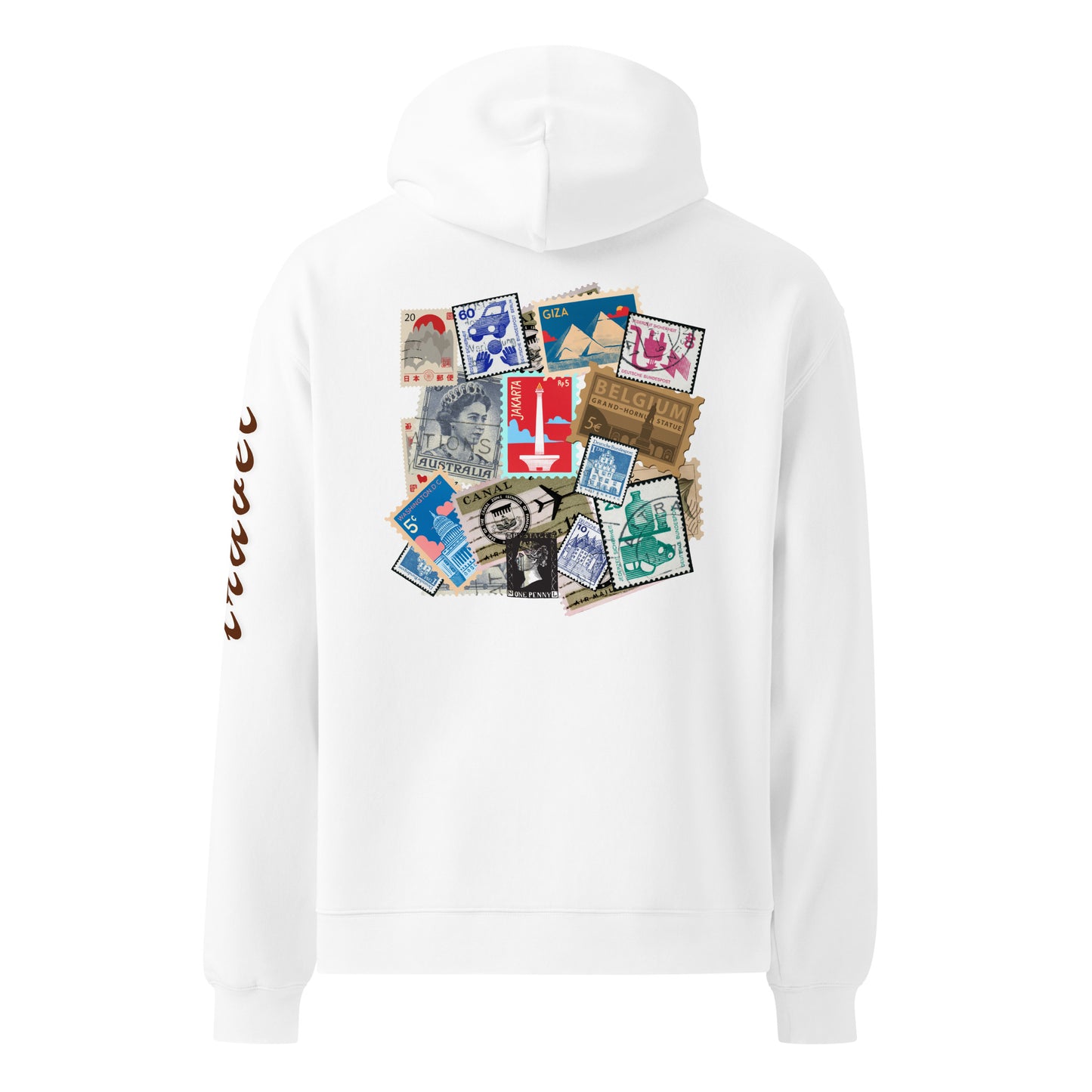 Sudadera oversize con gráfico de sellos de viaje, Sudadera estampada estilo travel crew, Sudadera para viajero, diseño de GLUU GLUU.