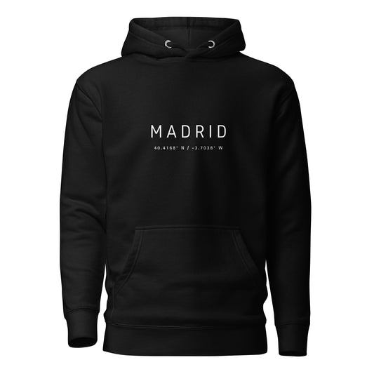 Sudadera ciudad MADRID minimalista con tipografía moderna unisex, Hoodie urbana con nombre de ciudad estilo limpio y elegante, Sudadera minimalista unisex, diseño de GLUU GLUU.