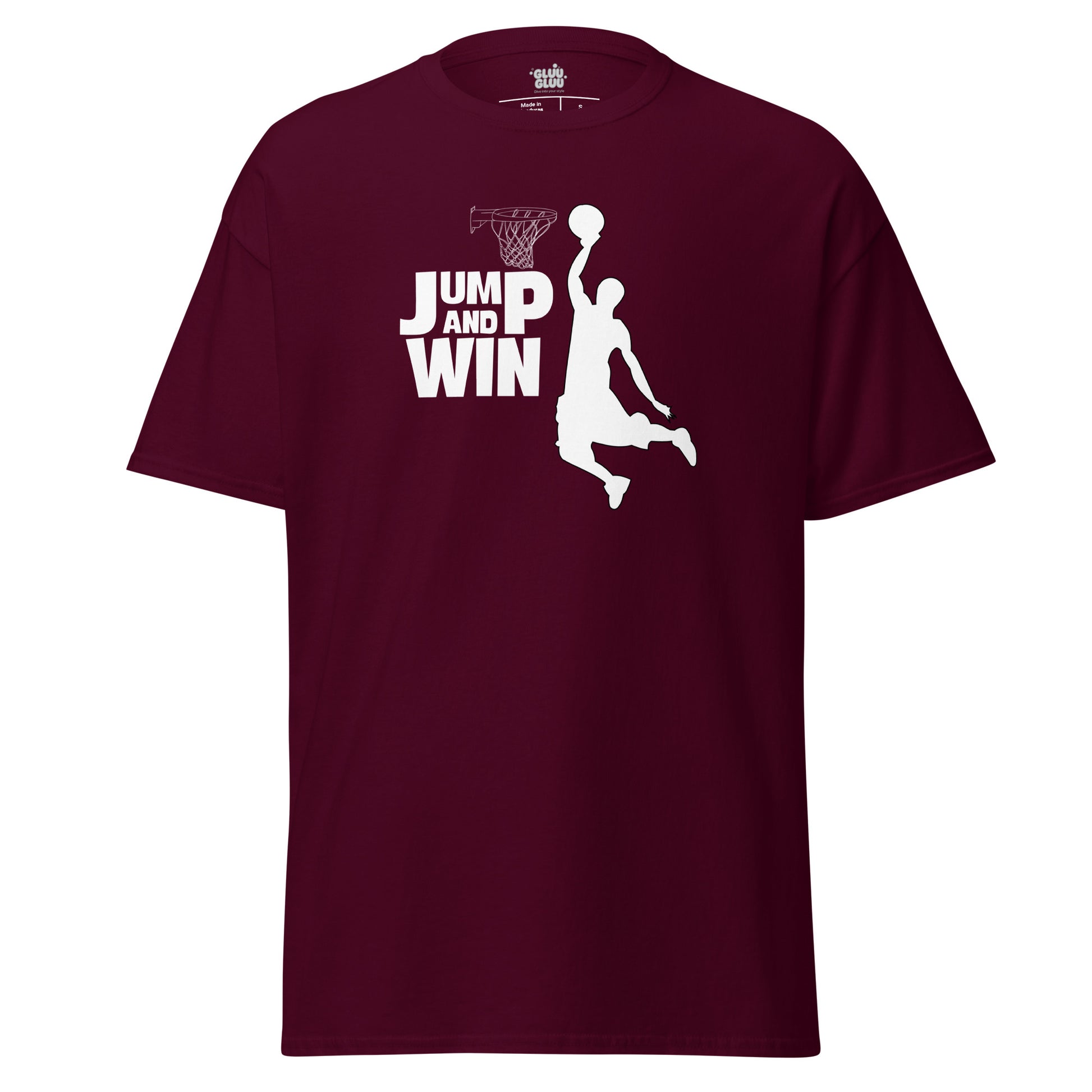 Camiseta baloncesto Jump and Win, Camiseta juego de cancha, Camiseta deportiva baloncesto, diseño de GLUU GLUU.