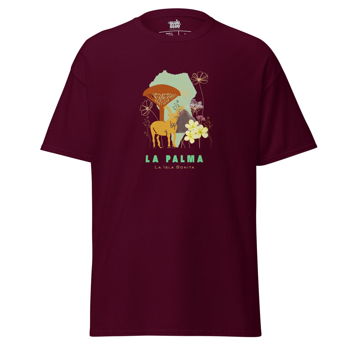 Camiseta La Palma Isla Bonita, Camiseta Homenaje La Palma, La Palma souvenir unisex, camiseta naturaleza, diseño de GLUU GLUU.